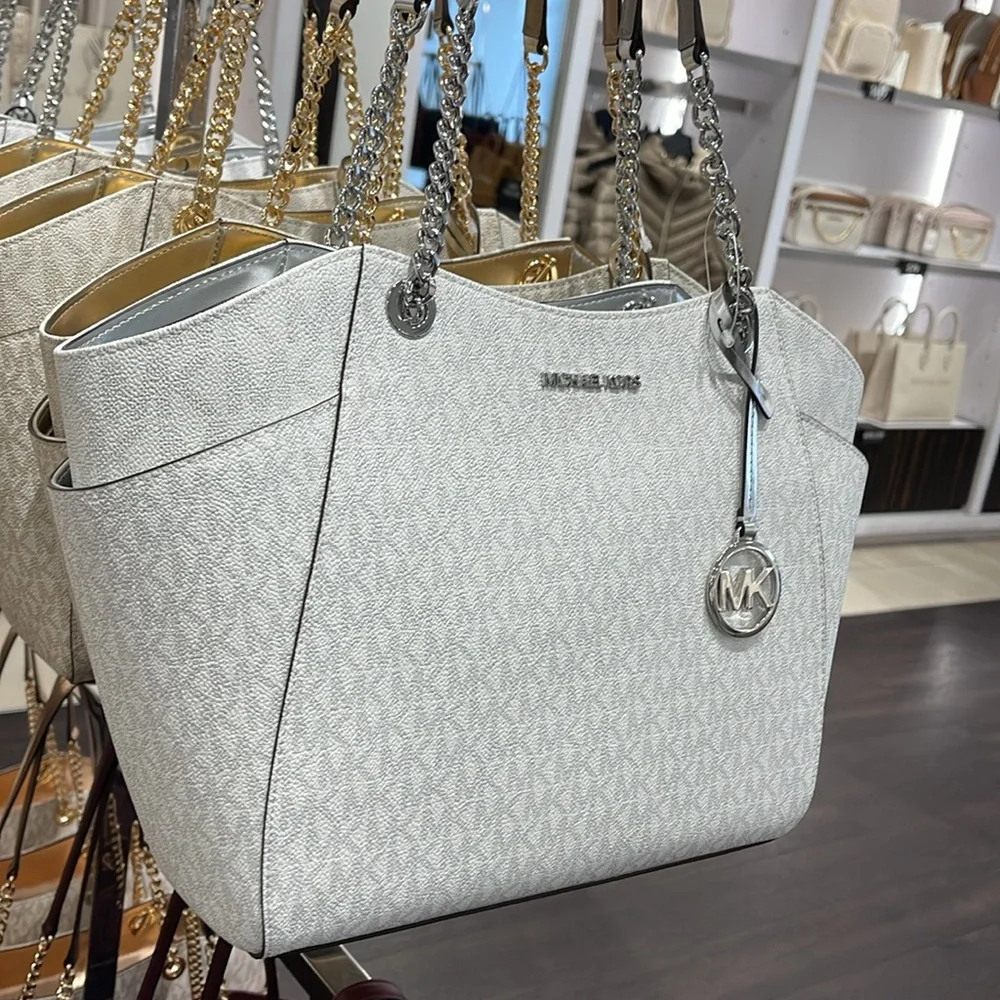 MICHAEL KORS  Jet Set Travel Large Signature Chain Shoulder Tote Bag Silver  NWT